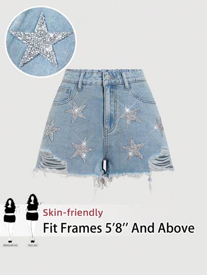 SHEIN PETITE CURVE 大码女装闪亮星星水钻装饰蓝色牛仔修身短裤，适合7月4日假期、机场商务休闲场合、夏季度假、牛仔西部风、商务休闲场合、节日、机场、毕业典礼、伊比沙岛海滩、夏威夷音乐会、波西米亚风、锐舞派对、Y2K风格、牛仔街头风、辣妹风、2000年代迪斯科风、宽松牛仔裤