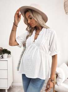 SHEIN 孕妇提花荷叶边短泡泡袖休闲衬衫 - 白色 - 查看 5