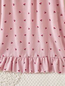 White Bow Ruffle Trim Red Cherry Bubble Crinkle Long Sleeve Nightgown Loungewear, For Teenage Girls - Pink - View 4