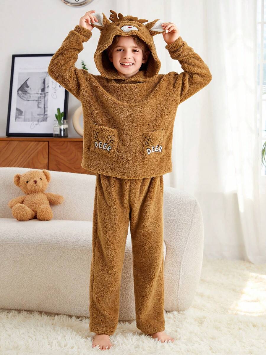 SHEIN Cậu bé Tween Thêu Hoạt hình Thiết kế tai 3D áo có mũ Flannel Bộ PJ - Màu Khaki - Xem 1