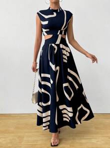 SHEIN Clasi 夏季优雅几何印花+腰部镂空无袖连衣裙