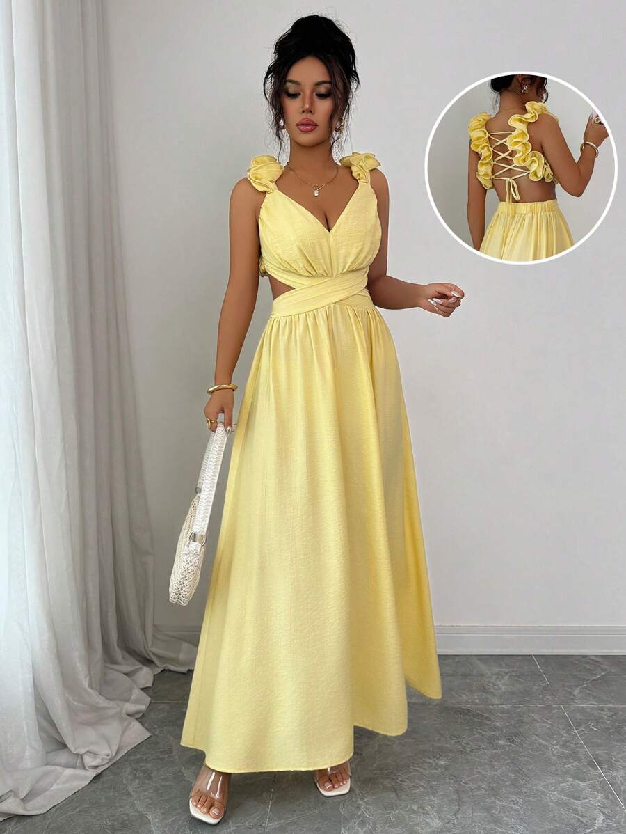 Elenzga Vestido elegante de mujer de unicolor con dobladillo con volantes, abertura en la cintura y diseño con espalda descubierta con cordones