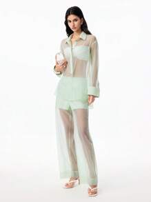 LYSMO 女士绿色撞色半透明轻盈飘逸春夏长裤，适合海滩度假和极简街头风，2025新款上市 - 綠色 - 查看 4