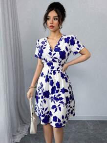 Selianne Women Elegant Ruched Print Bodycon Mini Dress, Suitable For Commuting And Everyday Wear