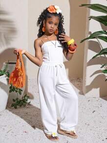 SHEIN Conjunto de 2 piezas de top de tirantes de color liso y pantalón largo informal para niñas preadolescentes