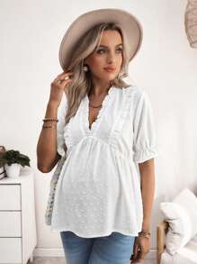 SHEIN 孕妇提花荷叶边短泡泡袖休闲衬衫 - 白色 - 查看 4