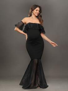 SHEIN Solid Off Shoulder Ruffle Organza Mermaid Long Maternity Dress For Baby Shower/Christening/Party - Black - View 3