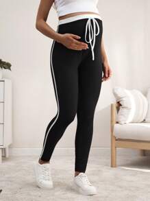 SHEIN 孕妇弹力腰拼接黑白打底裤，秋冬休闲 - 黑色 - 查看 5