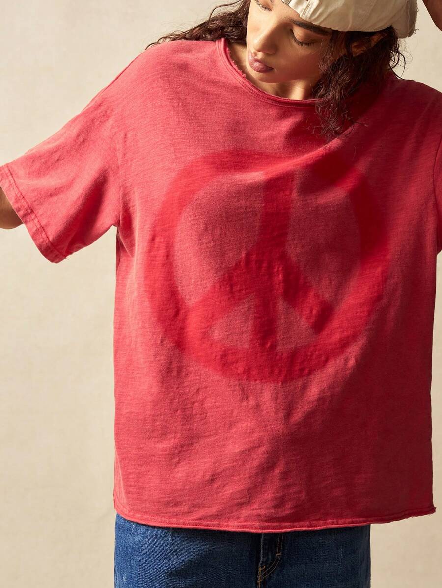 Bohemela Casual Solid Color Knitted Round Neck Short Sleeve Loose Washed Plus Size T-Shirt,Vintage Peace Sign T Shirt Women Vintage Graphic Tees Women Red T Shirts Women - Red - View 1