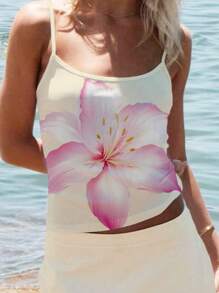 奶油黄色，少女休闲简约热带芙蓉和蜀葵花卉印花吊带背心休闲度假上衣，夏季 - 彩色 - 查看 3