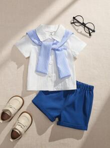 SHEIN 2pcs Set Boy Lapel Woven Cardigan Shirt + Solid Color Elastic Waist 5-Minute Shorts Sports Casual Outfit + Shawl, Baby Boy Summer Outfit Set, Baby Boy Royal Blue Set, Baby Boy Summer Clothes, Baby Boy Clothes Set, Summer Outfit Baby Boy - Navy Blue - View 8