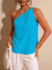 Vesra Women's Pleated Fashion One-Shoulder Tie Front Top Summer - Blue - View 5