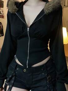 INAWLY 女士休闲仿毛领连帽收腰夹克