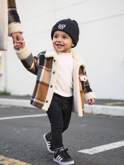 SHEIN Baby Boy Fashionable Winter Warm Plaid & Color Block Fleece Jacket Coat, Versatile, For Christmas