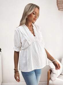 SHEIN 孕妇提花荷叶边短泡泡袖休闲衬衫 - 白色 - 查看 3