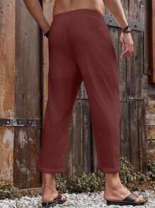 Manfinity RSRT Men's Casual Drawstring Waist Solid Color Linen Boho Pants - Dark Red - View 2