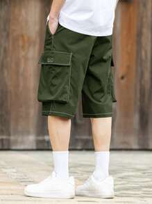 Manfinity Roghcode Pantalones cortos casuales de pierna ancha con bolsillo de carga y cordón para la cintura para hombre - Verde militar - Ver 2