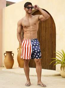 Manfinity Swimmode Men's USA Flag Print Drawstring Waist Beach Shorts - Orange - View 4