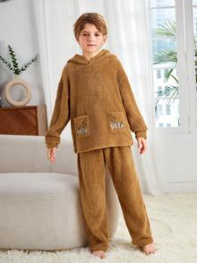 SHEIN Cậu bé Tween Thêu Hoạt hình Thiết kế tai 3D áo có mũ Flannel Bộ PJ - Màu Khaki - Xem 6