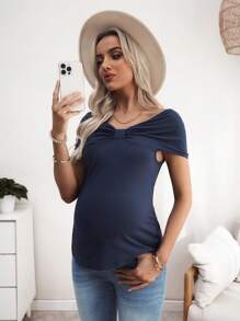 SHEIN 单肩蝴蝶结褶饰孕妇T恤 - 藏蓝色 - 查看 1
