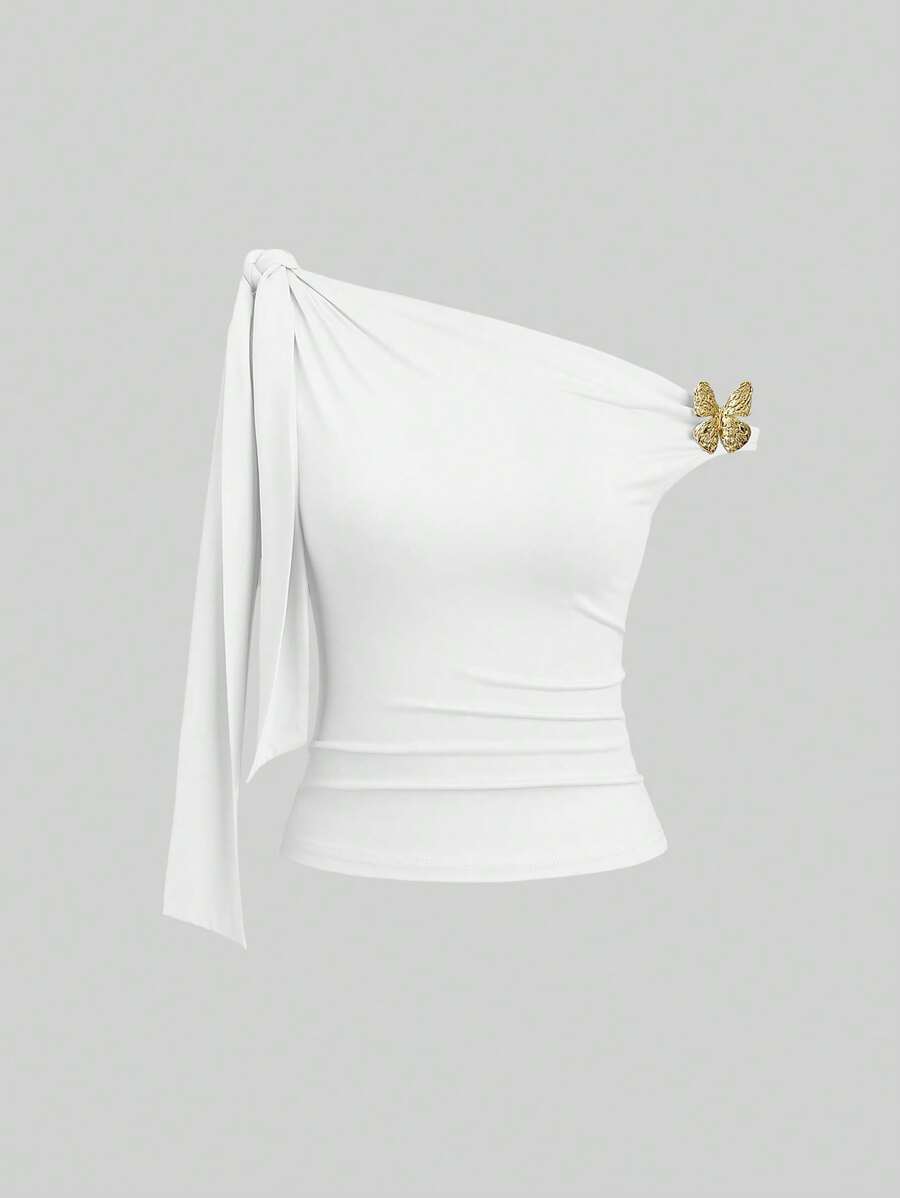 Sweetra Women's Bowknot Strap Shoulder Blouse - White - View 1