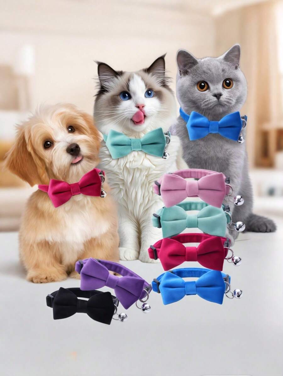 1pc Adjustable Suede Velvet Cat Collar With Bow & Bell - Soft Kitten Collars For Pets, Decorative Floral Choker Necklace Style Accessories