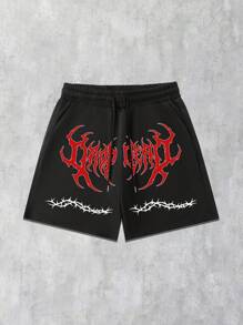 ROMWE MEN Goth Men's Gothic Letter Print Drawstring Waist Loose Casual Shorts - Black - View 1