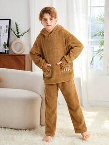 SHEIN Cậu bé Tween Thêu Hoạt hình Thiết kế tai 3D áo có mũ Flannel Bộ PJ - Màu Khaki - Xem 3