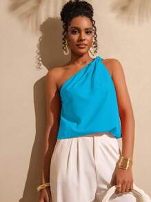 Vesra Women's Pleated Fashion One-Shoulder Tie Front Top Summer - Blue - View 3
