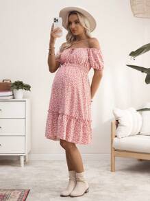 SHEIN Ditsy Floral 露肩孕妇休闲度假连衣裙 - 粉色 - 查看 1