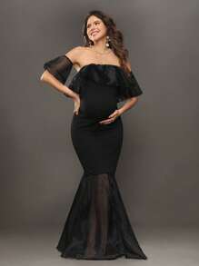 SHEIN Solid Off Shoulder Ruffle Organza Mermaid Long Maternity Dress For Baby Shower/Christening/Party - Black - View 1