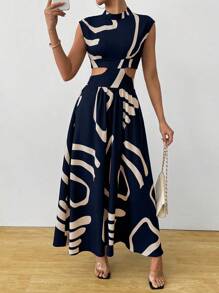 SHEIN Clasi 夏季优雅几何印花+腰部镂空无袖连衣裙