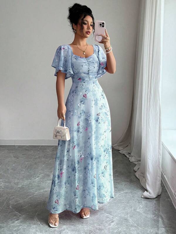 Modelyn Women's Chiffon Butterfly Print Batwing Sleeve Ruched Sweet A-Line Dress, For Summer