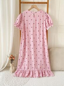White Bow Ruffle Trim Red Cherry Bubble Crinkle Long Sleeve Nightgown Loungewear, For Teenage Girls - Pink - View 2