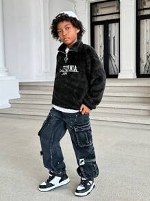 Kids Tween Boys' Casual Embroidered Letter Graphic Stand Collar Half-Zip Fleece Long Sleeve Pullover Sweatshirt For School, Garden, Beach, Birthday, Spring, Summer, Autumn, Winter - Beige - View 3