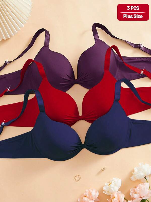 SHEIN 3pcs Plus Size Soild Color Push-Up Bowknot Cup Made Of Ultra-Fine Fiber With Underwire Curve Bra (Purple Blue Red)