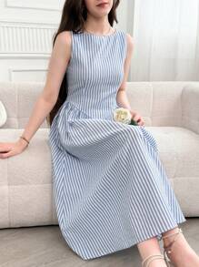 SHEIN Teen Girls' Striped Round Neck Sleeveless Pleated Casual Dress, Summer