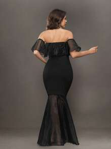 SHEIN Solid Off Shoulder Ruffle Organza Mermaid Long Maternity Dress For Baby Shower/Christening/Party - Black - View 2