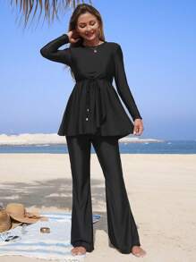 Swim Mulvari Bộ 2 món/bộ đồ bơi kín đáo cổ tròn tay dài màu trơn cho nữ, áo cạp chun rút và quần ống rộng - màu đen - Xem 6