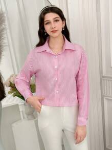 少女休闲通勤条纹后背系带衬衫 - 粉色 - 查看 6