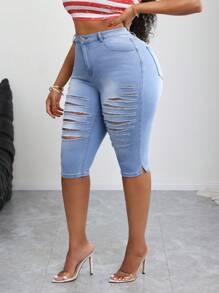 SHEIN EZwear 大码女式口袋破洞紧身休闲牛仔裤，蓝色破洞牛仔裤，适合日常穿着、夏季、Y2K、美国独立日女性、美国独立日、夏季服装、商务休闲女装、女式西部装、女式休闲套装、女式破洞牛仔裤七分裤 - 藍色 - 查看 3