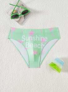 Surfspeed Men's Letter & Palm Tree Print Elastic Waist Casual Swimming Trunks