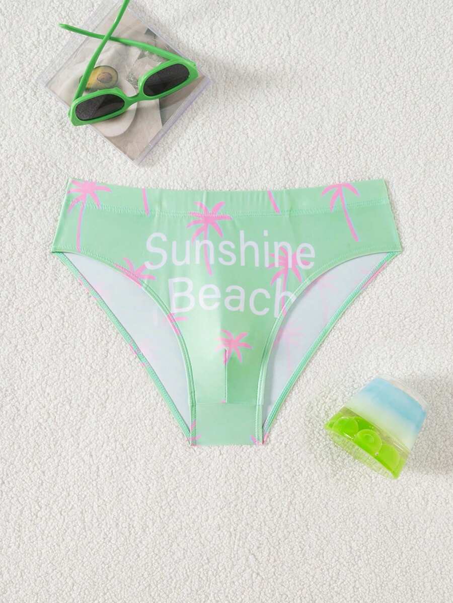 Surfspeed Men's Letter & Palm Tree Print Elastic Waist Casual Swimming Trunks