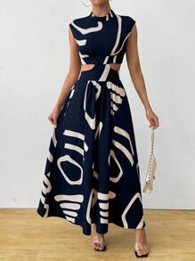 SHEIN Clasi 夏季优雅几何印花+腰部镂空无袖连衣裙