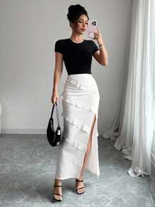 Roylia Falda de moda con dobladillo con volantes multicapa y abertura lateral de unicolor para mujer - Blanco - Ver 1