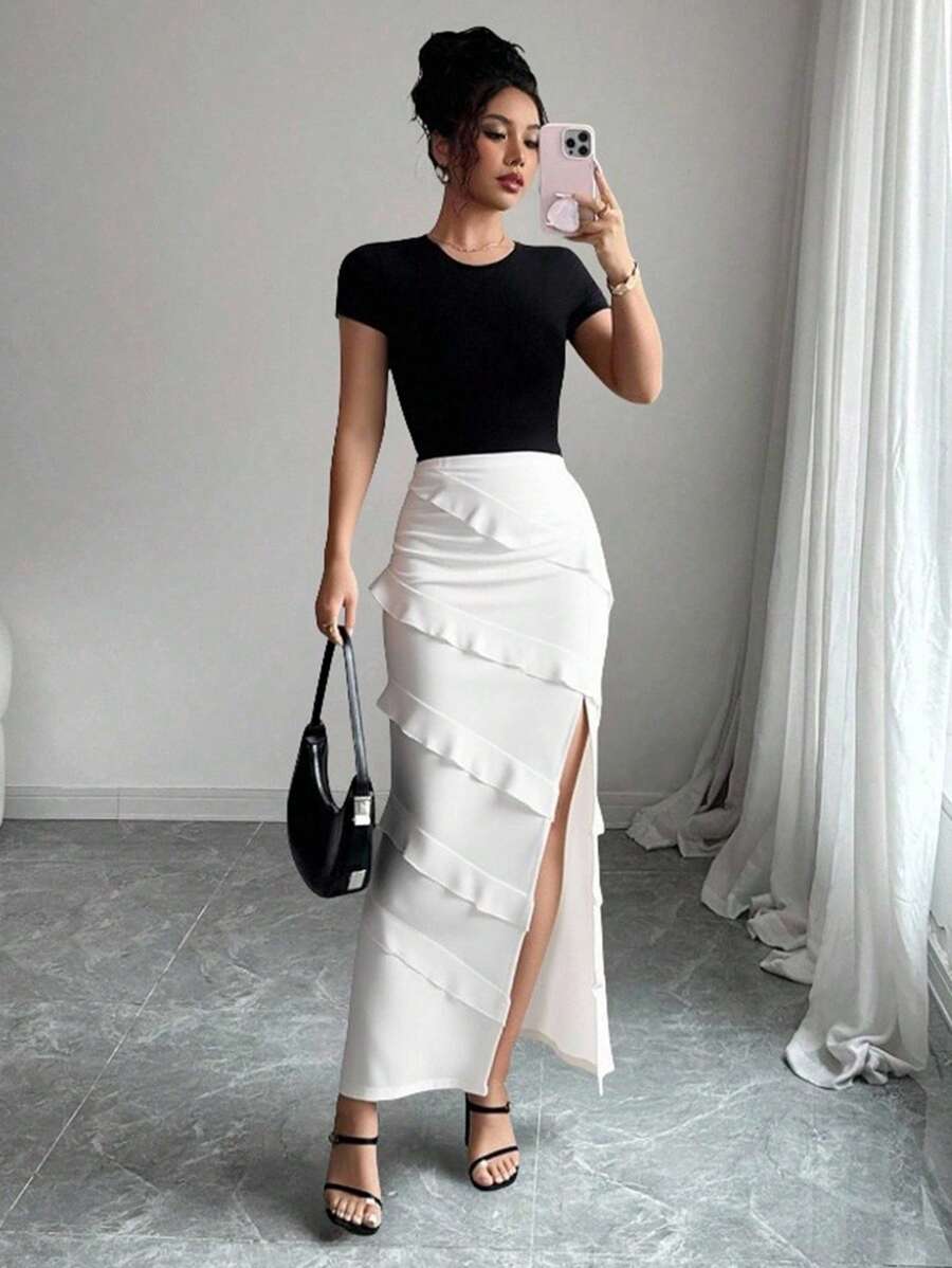 Roylia Falda de moda con dobladillo con volantes multicapa y abertura lateral de unicolor para mujer - Blanco - Ver 1