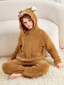 SHEIN Cậu bé Tween Thêu Hoạt hình Thiết kế tai 3D áo có mũ Flannel Bộ PJ - Màu Khaki - Xem 5