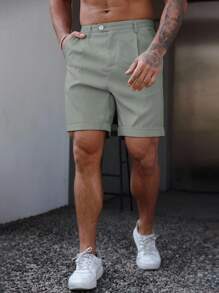 Manfinity Homme 男士纯色褶皱口袋休闲百搭短裤卡其色男士短裤男士正装短裤 - 灰色 - 查看 3