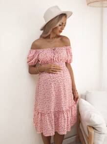 SHEIN Ditsy Floral 露肩孕妇休闲度假连衣裙 - 粉色 - 查看 7