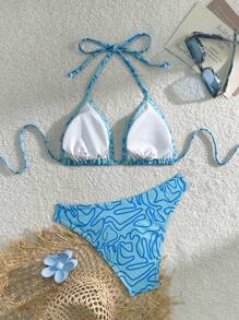Swim Mod Conjunto de bikini sexy para mujer con parte superior de tirantes y Bottom tipo braga, estampado todo sobre, para playa de verano. Traje de baño de 2 piezas con estampado aleatorio - Azul - Ver 2